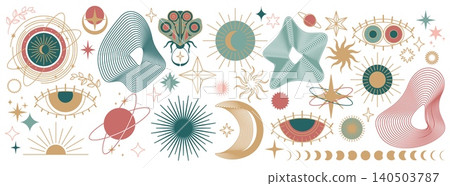 Celestial line art icons of mystical stars, moons Celestial line art icons of mystical stars, moons 140503787