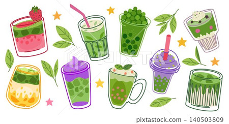 Matcha green drink icons, doodle illustration Matcha green drink icons, doodle illustration 140503809