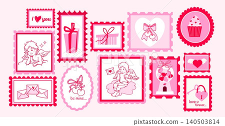 Cute Valentine postage stamps, love card frames Cute Valentine postage stamps, love card frames 140503814