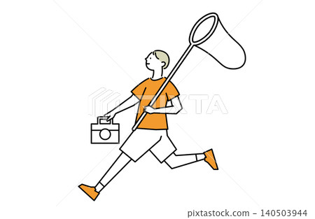 A child running with a butterfly net. A child running with a butterfly net. 140503944