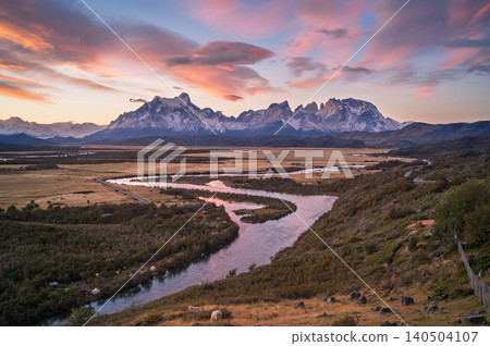 Patagonia mountain valley river at sunset scenic landscape Patagonia mountain valley river at sunset scenic landscape 140504107