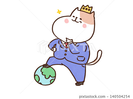 A dog (top dog) proudly wearing a crown and suit, with its paws on a globe. 140504254