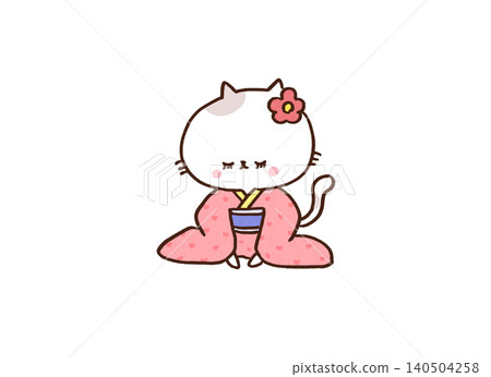 A cat (like a borrowed cat) sitting in a seiza position in a kimono, bowing with three fingers raised. A cat (like a borrowed cat) sitting in a seiza position in a kimono, bowing with three fingers raised. 140504258