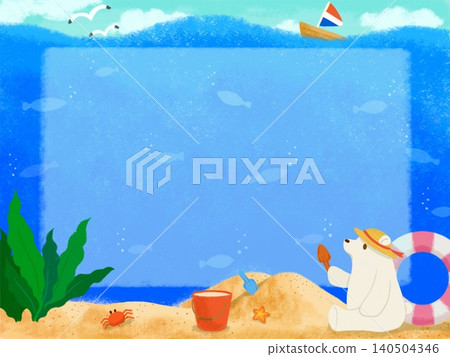 Polar bear playing in the sand at the beach (with frame) 140504346