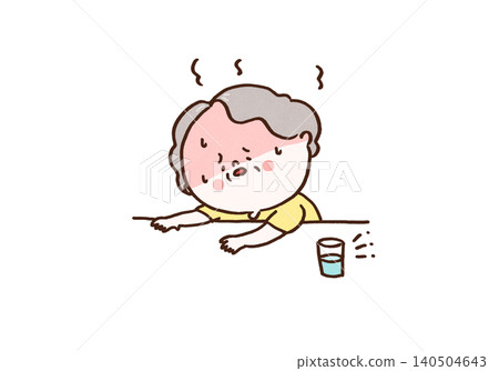 A senior woman collapses onto a desk, suffering from dehydration due to lack of fluids (hidden dehydration/heatstroke). A senior woman collapses onto a desk, suffering from dehydration due to lack of fluids (hidden dehydration/heatstroke). 140504643