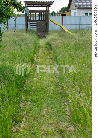 Contrast between short mown grass and tall overgrown green weeds on a backyard lawn. Summer gardening routine Contrast between short mown grass and tall overgrown green weeds on a backyard lawn. Summer gardening routine 140504655