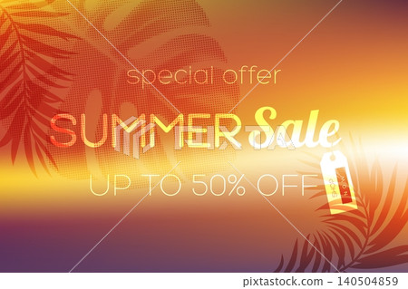 Summer Sale poster design. Best offer promotion card. Bright red sunset gradient background with tropical leaves. Vector illustration. Summer Sale poster design. Best offer promotion card. Bright red sunset gradient background with tropical leaves. Vector illustration. 140504859