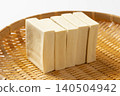 Dried freeze-dried tofu is piled up on a bamboo sieve. 140504942