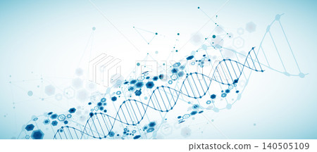 Abstract medical background with blue DNA helix structure and technology hexagons. Vector illustration 140505109