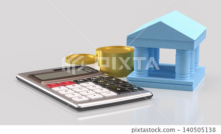 Blue Bank Building With Calculator And Gold Coins Concept 3d render. 140505138