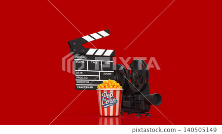 Creative Cinema Night With Popcorn And Vintage Film Equipment 3d render. Creative Cinema Night With Popcorn And Vintage Film Equipment 3d render. 140505149