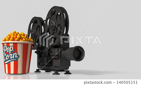 Classic Movie Night With Popcorn And Vintage Film Camera 3d render. Classic Movie Night With Popcorn And Vintage Film Camera 3d render. 140505151