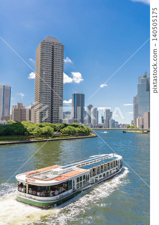 Tokyo: Water bus running on the Sumida River, Chuo Ward Tokyo: Water bus running on the Sumida River, Chuo Ward 140505175