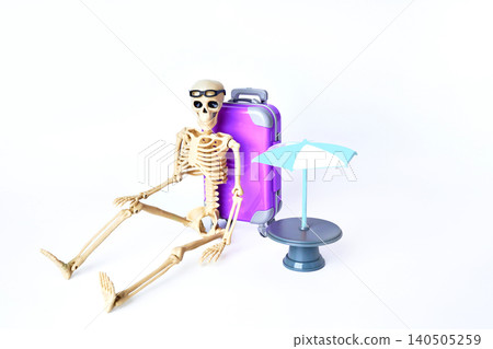 Whimsical Skeleton Enjoying a Relaxing Beach Vacation with Luggage and Umbrella Props Whimsical Skeleton Enjoying a Relaxing Beach Vacation with Luggage and Umbrella Props 140505259
