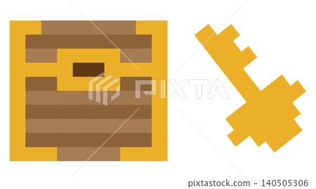 Pixel art illustration of a treasure chest and key 140505306