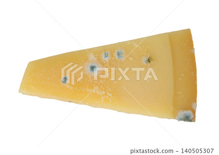 A Top View of a Moldy Cheese Slice Highlighting Unique Texture and Color Variations 140505307