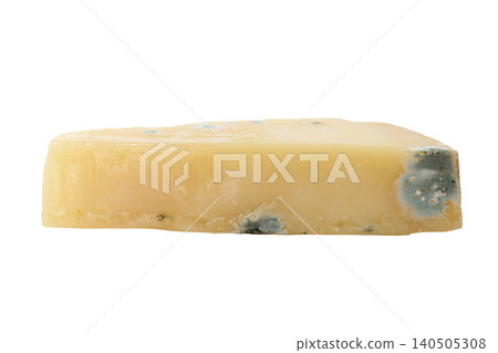 Side view of Piece of hard cheese spoiled by mold highlighted against white background 140505308