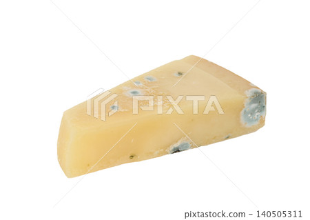 Piece of hard cheese spoiled by mold isolated on white background 140505311