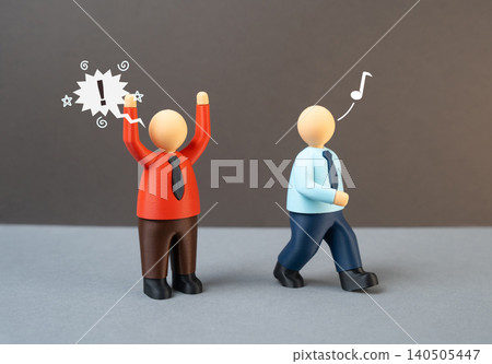 An employee calmly leaves an angry boss and a stressful workplace behind. Leaving a job, escaping toxic management and pursuing a healthier career path. 140505447