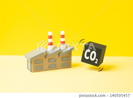 CO2 emissions from an industrial plant highlighting the environmental impact of factory operations. Climate concerns, industrial pollution, sustainability and emission reduction efforts. 140505457