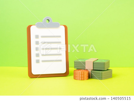 A clipboard with a list and money. Action plan and funding for project implementation. Project budget. A clipboard with a list and money. Action plan and funding for project implementation. Project budget. 140505515