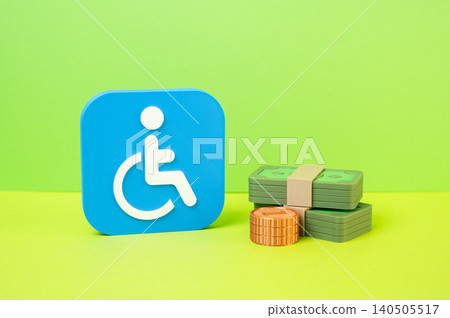 The symbol of a person with a disability and money. Financial benefits, pensions, and social payments. Health damage compensation. The symbol of a person with a disability and money. Financial benefits, pensions, and social payments. Health damage compensation. 140505517