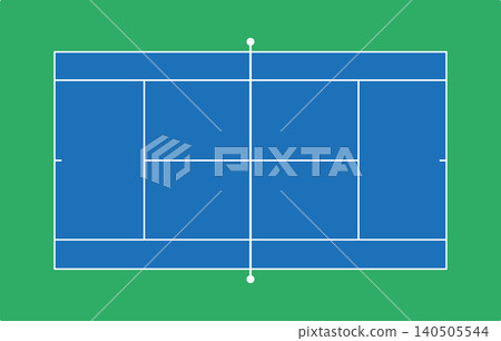 Top view of a tennis hard court with blue surface and green background Top view of a tennis hard court with blue surface and green background 140505544