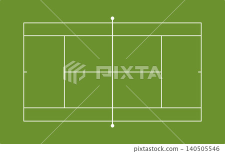 Top-down view of a clean, green grass tennis court with white lines 140505546