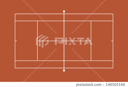 Clay tennis court with white lines, top-down view, ready for a match Clay tennis court with white lines, top-down view, ready for a match 140505548