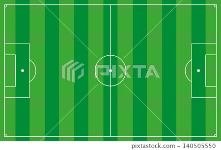 Top-down view of a green soccer field with white markings and goal boxes Top-down view of a green soccer field with white markings and goal boxes 140505550