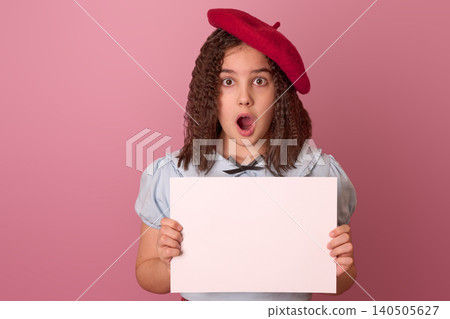 Surprised Girl Holding Blank Signboard Against Pink Background in Stylish Beret and Cute Outfit Surprised Girl Holding Blank Signboard Against Pink Background in Stylish Beret and Cute Outfit 140505627