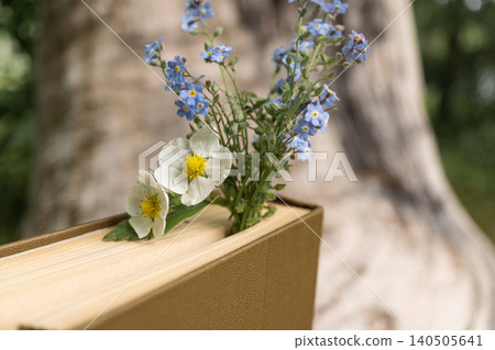 Wildflowers as bookmark in hardcover book in nature setting 140505641
