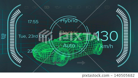 Displaying neon-green wireframe sports car angling in virtual-garage, with mode rings and 130 km or Displaying neon-green wireframe sports car angling in virtual-garage, with mode rings and 130 km or 140505682