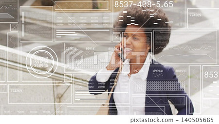 Talking navy-blazer woman climbing concrete steps beside rail holding phone tan-bag HUD, copy space Talking navy-blazer woman climbing concrete steps beside rail holding phone tan-bag HUD, copy space 140505685