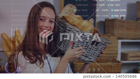Holding woman in light apron presenting large wicker basket of bread at bakery with AR overlay Holding woman in light apron presenting large wicker basket of bread at bakery with AR overlay 140505686