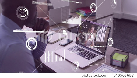 Leaning pro in light shirt studying laptop call at office desk with data overlays, copy space Leaning pro in light shirt studying laptop call at office desk with data overlays, copy space 140505698