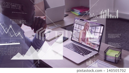 Leaning man in jacket at office, watching laptop showing remote host with graphs, copy space Leaning man in jacket at office, watching laptop showing remote host with graphs, copy space 140505702