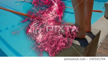 Balancing woman in swimwear on start block at pool edge, turquoise water pink glitter, copy space Balancing woman in swimwear on start block at pool edge, turquoise water pink glitter, copy space 140505704