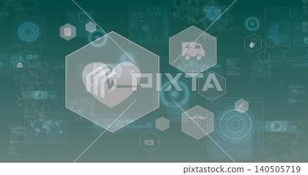 Displaying central hexagon showing heart with ECG on healthcare dashboard, with ambulance, caduceus 140505719
