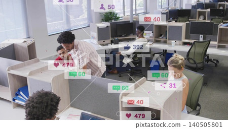 Leaning coworker in shirt reviewing colleague monitor at office, showing notification overlays Leaning coworker in shirt reviewing colleague monitor at office, showing notification overlays 140505801