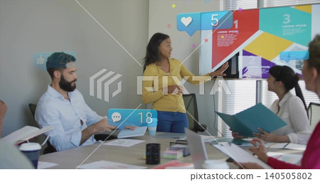 Pointing woman in yellow top leading meeting at conference table and monitor, showing AR icons Pointing woman in yellow top leading meeting at conference table and monitor, showing AR icons 140505802