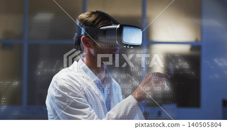 Standing man wearing VR headset and lab coat, interacting with holographic binary in tech lab Standing man wearing VR headset and lab coat, interacting with holographic binary in tech lab 140505804