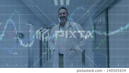 Standing male doctor wearing white lab coat and stethoscope in medical corridor, with market charts Standing male doctor wearing white lab coat and stethoscope in medical corridor, with market charts 140505834