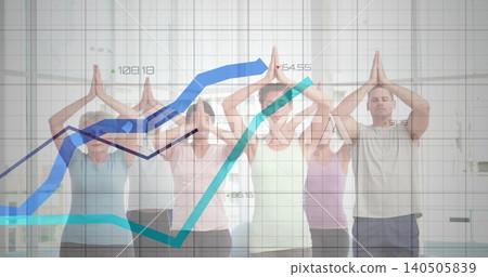 Practicing six adults in prayer pose in studio wearing workout gear with charts and numbers overlay Practicing six adults in prayer pose in studio wearing workout gear with charts and numbers overlay 140505839