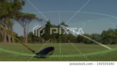 Displaying driver head and gold shaft resting on short grass tee, showing green HUD trajectory 140505840