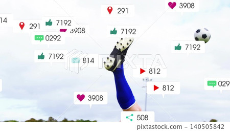 Kicking soccer player lifting blue-socked leg at pitch, with black cleat, soccer ball, social icons Kicking soccer player lifting blue-socked leg at pitch, with black cleat, soccer ball, social icons 140505842