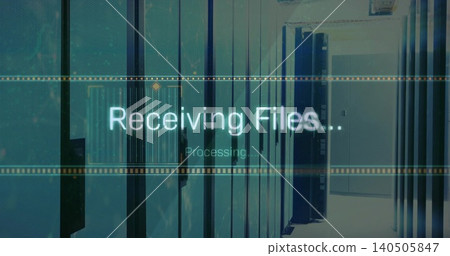 Showing holographic Receiving Files Processing over dim data center aisle, server racks, LEDs Showing holographic Receiving Files Processing over dim data center aisle, server racks, LEDs 140505847