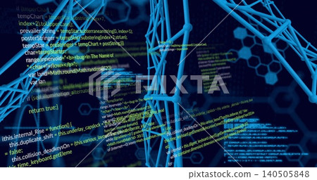 Floating blue 3D wireframe lattice rotating, glowing in cyberspace, with code streams, copy space Floating blue 3D wireframe lattice rotating, glowing in cyberspace, with code streams, copy space 140505848