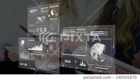Displaying holographic dashboards floating over office table with tablet, stylus and team in suits Displaying holographic dashboards floating over office table with tablet, stylus and team in suits 140505870