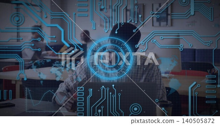 Typing central man wearing plaid shirt working on laptop in coworking area with coffee, HUD Typing central man wearing plaid shirt working on laptop in coworking area with coffee, HUD 140505872